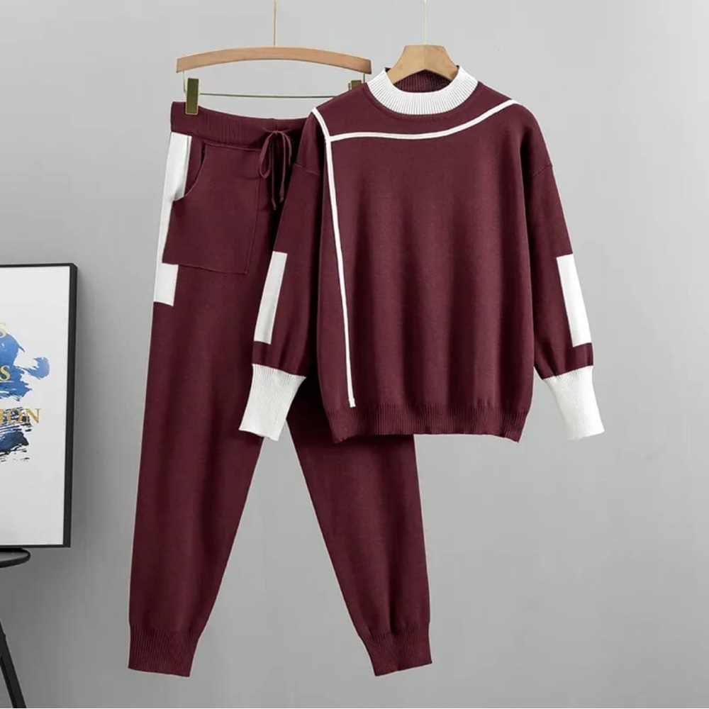Women's Burgundy and White Knit Set